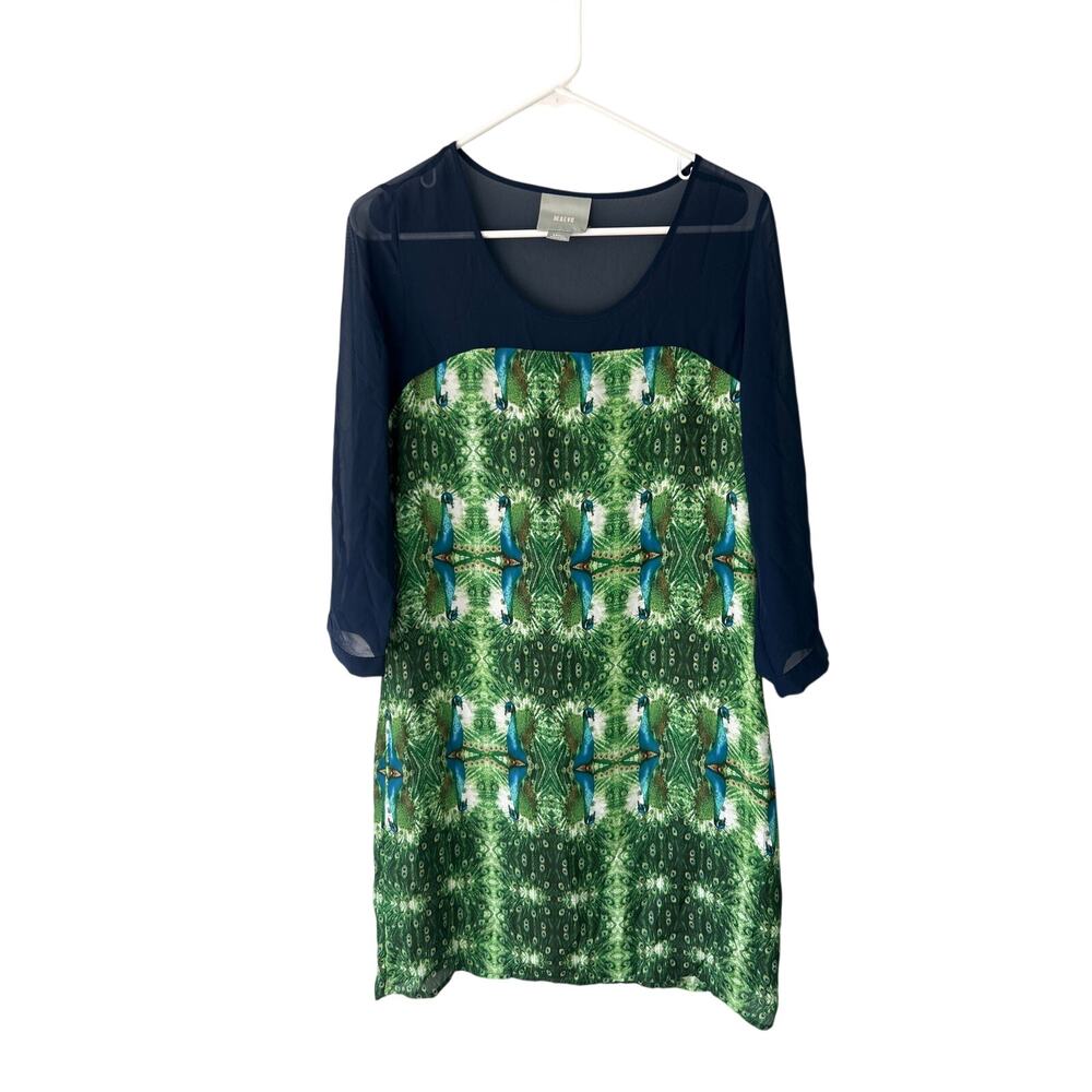 Maeve Blue Mesh Sleeve Peacock Print Dress Small *no belt*